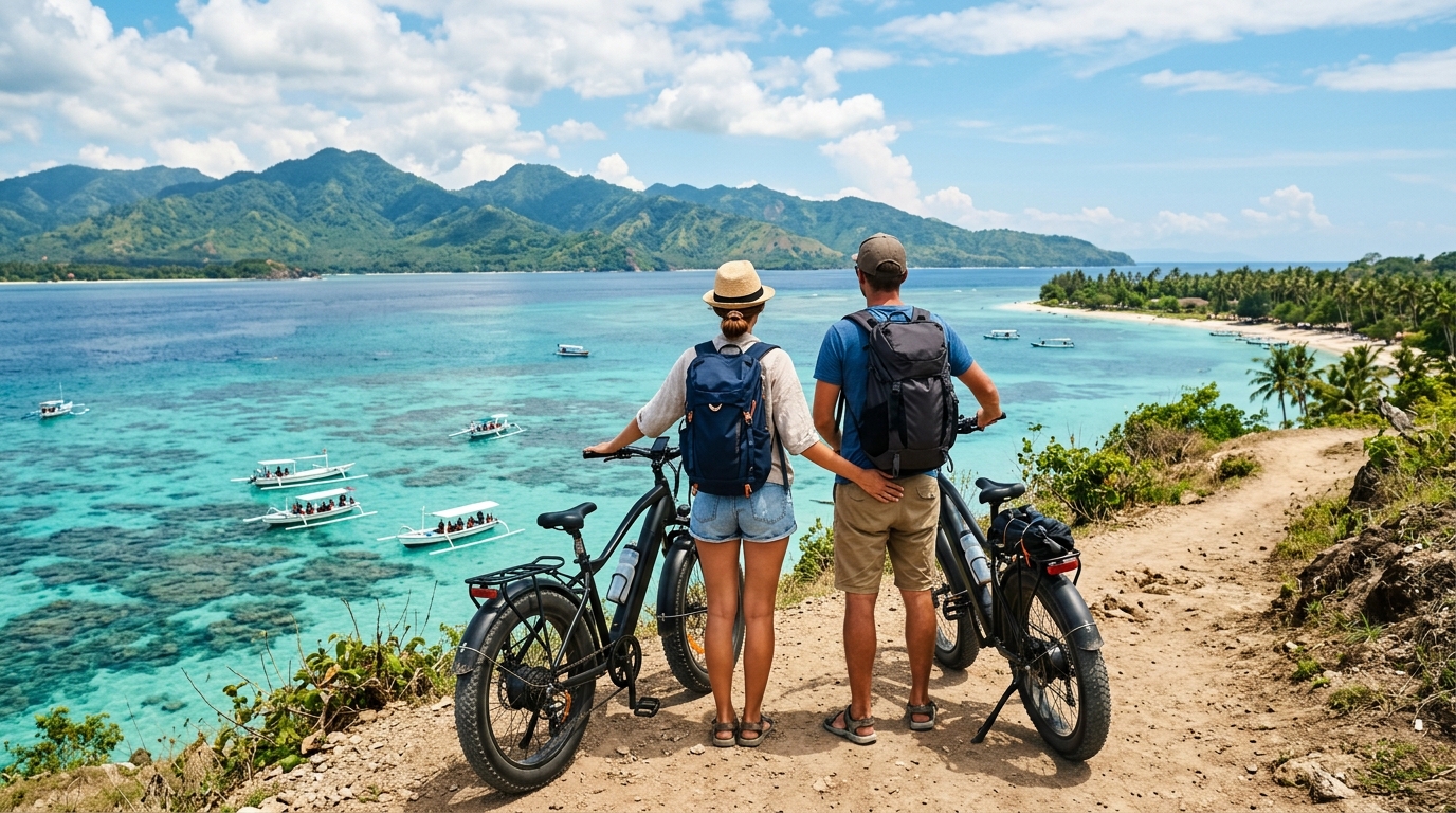 Fer D Island Trip - Couple with bicycles overlooking turquoise bay in Gili Trawangan