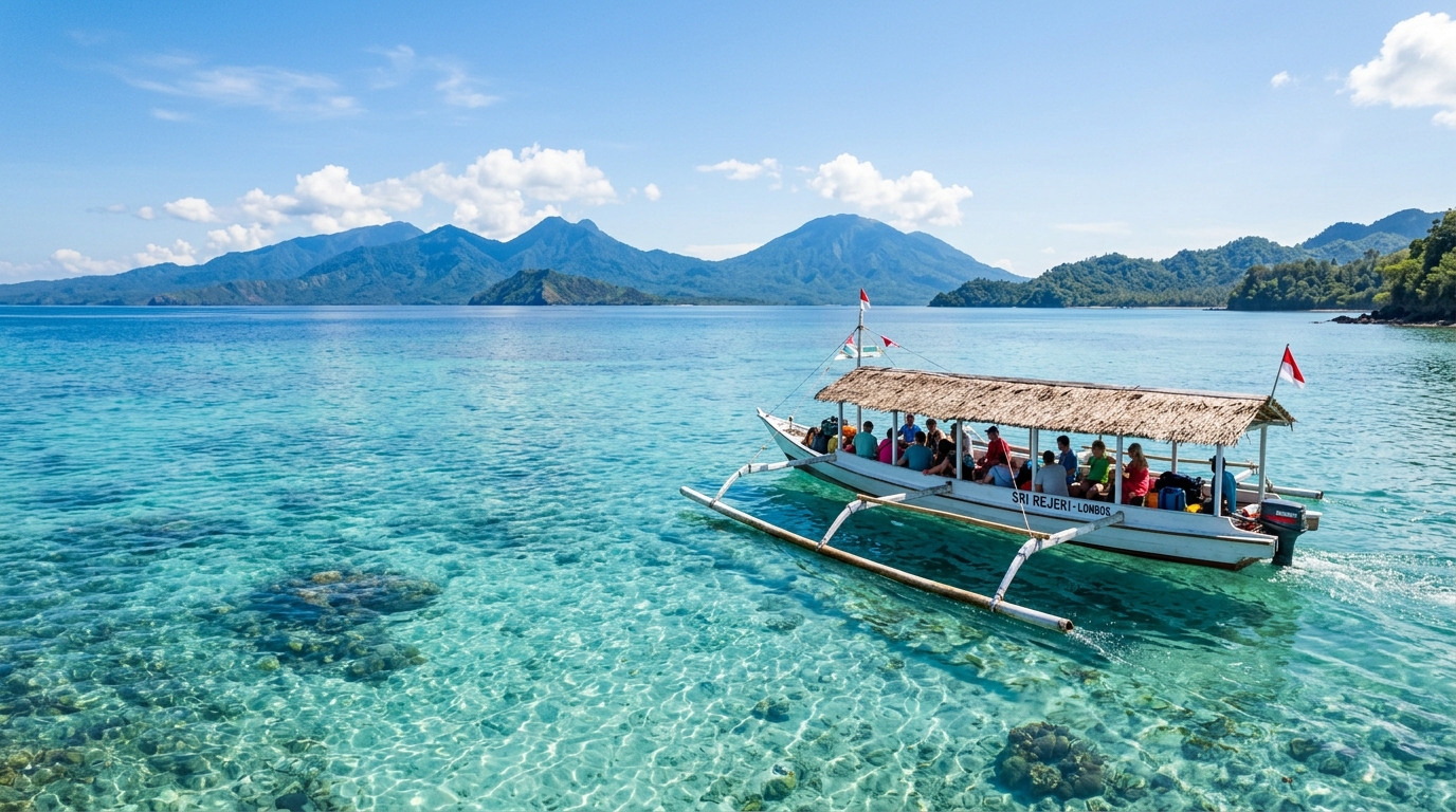 Traditional outrigger tour boat on turquoise tropical sea
